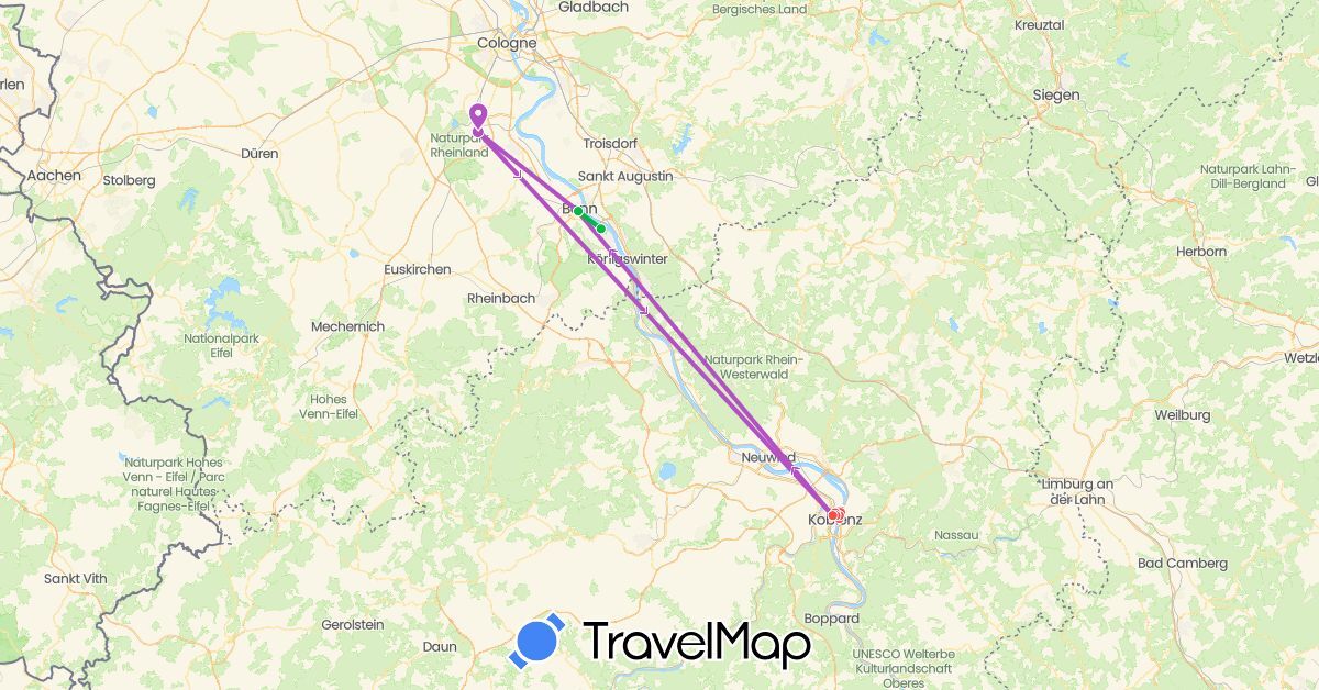 TravelMap itinerary: driving, bus, train, hiking in Germany (Europe)